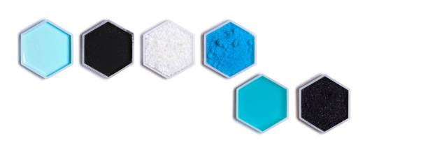 Chemical ingredient in hexagonal molecular shaped container. Hair Conditioner, Carbon Charcoal Powder, Urea, Copper (II) Sulfate,  Shampoo Liquid and Potassium permanganate.